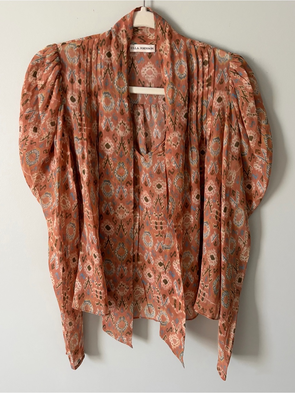 Ulla Johnson Rust Ikat Tie-Neck Blouse with Puff Sleeves